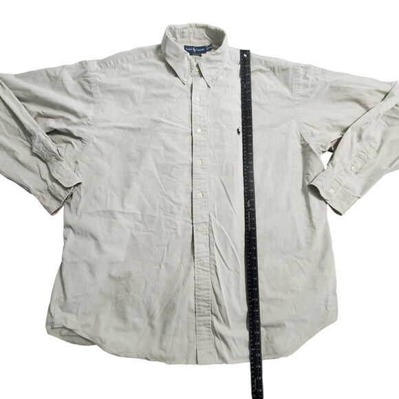 Ralph Lauren Mens Button Up Shirt Tan Size Large Cotton Long Sleeve Blue Pony - Picture 2 of 9